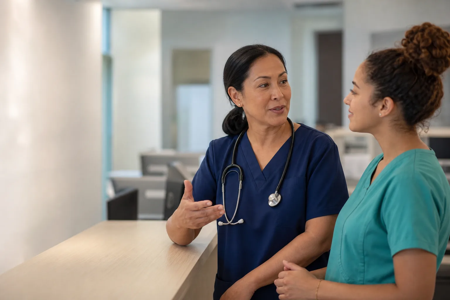 Two people in navy and teal scrubs talking beside a counter in a bright workspace.