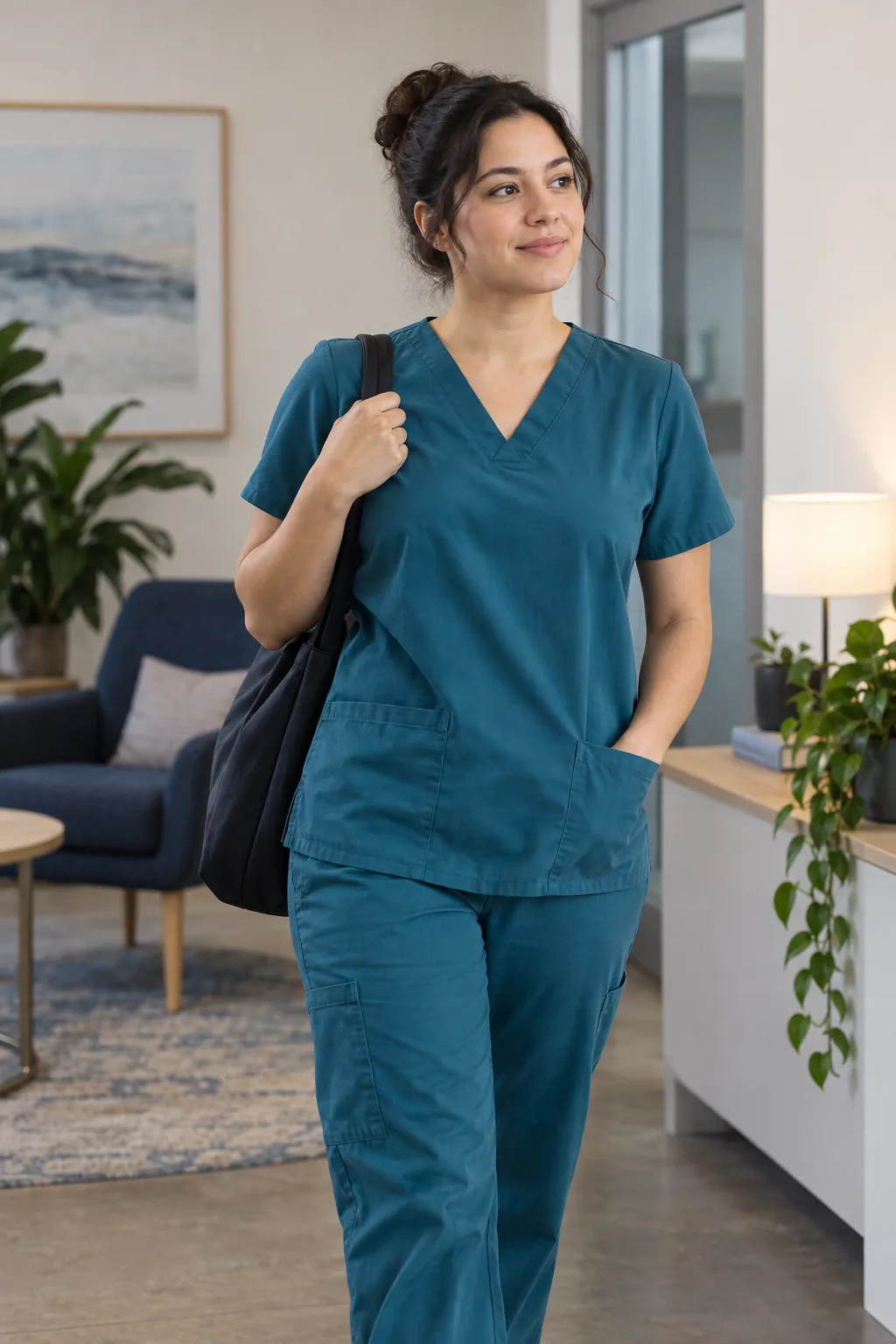 A smiling person in teal scrubs with a bag over one shoulder in a bright room.