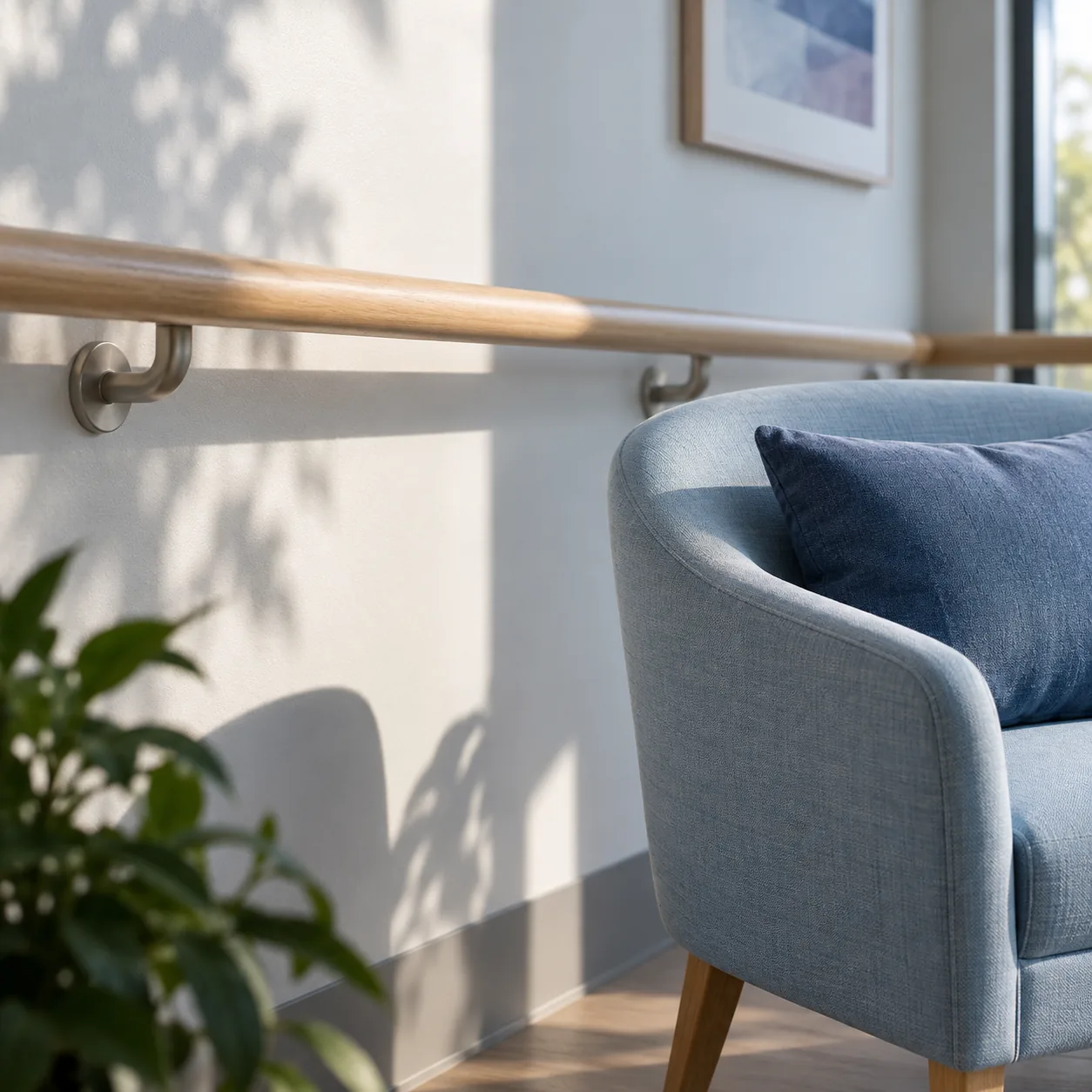An armchair and a wooden handrail in a sunlit interior.